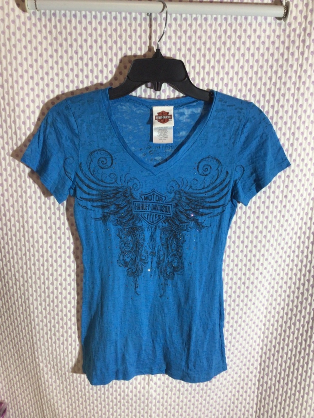 Harley Davidson women's blue, black tribal graphic with rhinestone accents